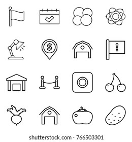 Thin line icon set : flag, calendar, atom core, table lamp, dollar pin, barn, important, warehouse, vip fence, ring button, cherry, beet, tomato, potato