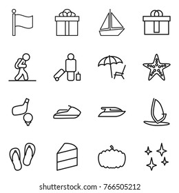 Thin line icon set : flag, gift, boat, hi quality package, tourist, passenger, lounger, starfish, golf, jet ski, yacht, windsurfing, flip flops, cake, pumpkin, shining
