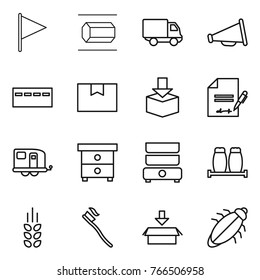Thin line icon set : flag, nano tube, delivery, loudspeaker, bunker, package box, inventory, trailer, nightstand, double boiler, salt pepper, spikelets, tooth brush, bug