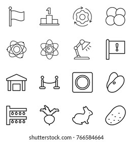 Thin line icon set : flag, pedestal, around gear, atom core, table lamp, important, warehouse, vip fence, ring button, beans, watering, beet, rabbit, potato