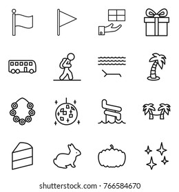 Thin line icon set : flag, gift, bus, tourist, lounger, palm, hawaiian wreath, disco ball, aquapark, hammock, cake, rabbit, pumpkin, shining