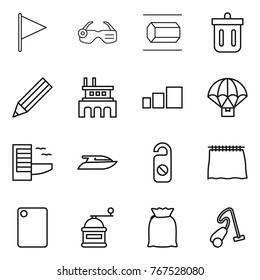 Thin line icon set : flag, smart glasses, nano tube, bin, pencil, factory, sorting, parachute delivery, hotel, yacht, do not distrub, curtain, cutting board, hand mill, flour, vacuum cleaner