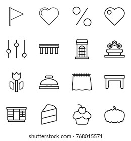 Thin line icon set : flag, heart, percent, equalizer, bridge, building, flower bed, perishable, service bell, curtain, table, wardrobe, cake, cupcake, pumpkin