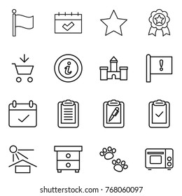 Thin line icon set : flag, calendar, star, medal, add to cart, info, castle, important, terms, clipboard, pen, check, sun potection, nightstand, pets, grill oven