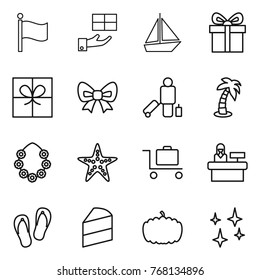Thin line icon set : flag, gift, boat, bow, passenger, palm, hawaiian wreath, starfish, baggage trolley, reception, flip flops, cake, pumpkin, shining