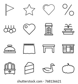 Thin line icon set : flag, star, heart, percent, sale, building, fountain, service bell, curtain, table, wardrobe, dresser, cake, goose, pumpkin
