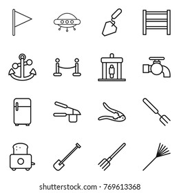 Thin line icon set : flag, ufo, construction, rack, anchor, vip fence, detector, water tap, fridge, garlic clasp, walnut crack, big fork, toaster, shovel, rake