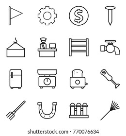 Thin line icon set : flag, gear, dollar coin, nail, loading crane, customs control, rack, water tap, fridge, kitchen scales, toaster, blender, fork, horseshoe, grain elevator, rake