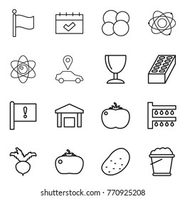 Thin line icon set : flag, calendar, atom core, car pointer, wineglass, brick, important, warehouse, tomato, watering, beet, potato, foam bucket