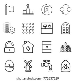 Thin line icon set : flag, pedestal, battery charge, quantum bond, virtual mining, chip, tools, arch window, unlock, smart house, barrel, hotel, egg timer, windmill, water tap, garbage bag