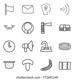 Thin line icon set : flag, mail, bulb head, wireless, drone, necklace, lighthouse, money, clock, loudspeaker, water tap, inflatable pool, colander, mushroom, peas, clean window