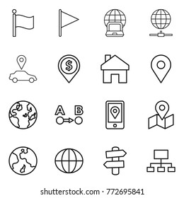 Thin line icon set : flag, notebook globe, connect, car pointer, dollar pin, home, geo, route a to b, mobile location, map, earth, signpost, hierarchy