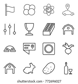 Thin line icon set : flag, atom core, car pointer, equalizer, wineglass, brick, barn, dome house, location details, ring button, beet, rabbit, potato, wine