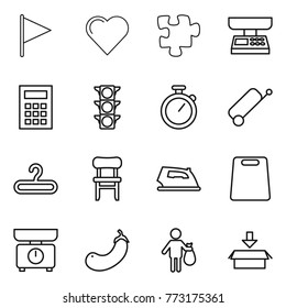 Thin line icon set : flag, heart, puzzle, market scales, calculator, traffic light, stopwatch, suitcase, hanger, chair, iron, cutting board, kitchen, eggplant, trash, package