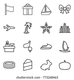 Thin line icon set : flag, gift, boat, bow, plane, palm, starfish, hotel, reception, golf, jet ski, windsurfing, inflatable pool, cake, rabbit, pumpkin