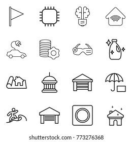 Thin line icon set : flag, chip, bulb brain, wireless home, electric car, virtual mining, smart glasses, cleanser, project, goverment house, garage, insurance, surfer, ring button, cleaning