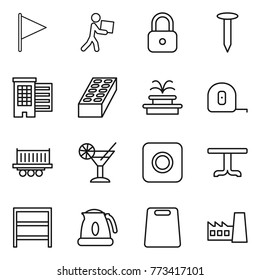 Thin line icon set : flag, courier, lock, nail, houses, brick, fountain, measuring tape, truck shipping, cocktail, ring button, table, rack, kettle, cutting board, factory