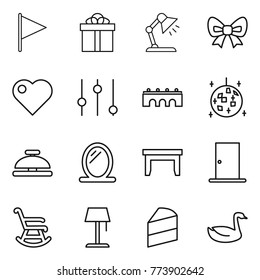 Thin line icon set : flag, gift, table lamp, bow, heart, equalizer, bridge, disco ball, service bell, mirror, door, rocking chair, floor, cake, goose