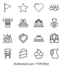 Thin line icon set : flag, star, heart, sale, column, fountain, flower bed, perishable, disco ball, pendant, service bell, dresser, chair, cake, cupcake, jug
