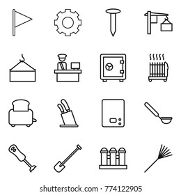 Thin line icon set : flag, gear, nail, loading, crane, customs control, safe, radiator, toaster, stands for knives, kitchen scales, ladle, blender, shovel, grain elevator, rake