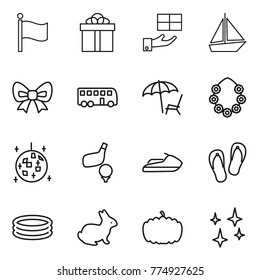 Thin line icon set : flag, gift, boat, bow, bus, lounger, hawaiian wreath, disco ball, golf, jet ski, flip flops, inflatable pool, rabbit, pumpkin, shining
