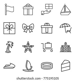 Thin line icon set : flag, gift, boat, bow, hi quality package, lounger, palm, starfish, baggage trolley, hotel, jet ski, windsurfing, inflatable pool, cake