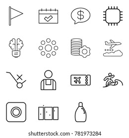 thin line icon set : flag, calendar, money message, chip, bulb brain, round around, virtual mining, weather management, do not trolley sign, workman, ticket, surfer, ring button, clean window