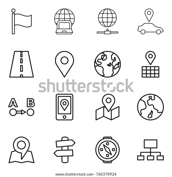 Thin line icon set : flag, notebook\
globe, connect, car pointer, road, geo pin, map, route a to b,\
mobile location, earth, signpost, compass,\
hierarchy