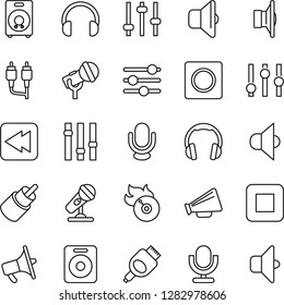 Thin Line Icon Set - flame disk vector, microphone, speaker, loudspeaker, settings, headphones, stop button, rewind, rca, hdmi, tuning, record, sound