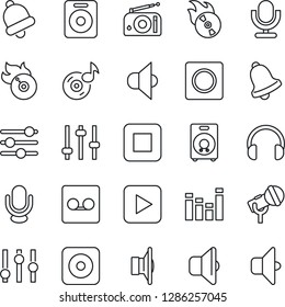 Thin Line Icon Set - flame disk vector, microphone, radio, speaker, settings, equalizer, headphones, play button, stop, rec, tuning, bell, record, music, sound