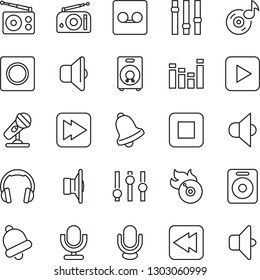 Thin Line Icon Set - flame disk vector, microphone, radio, speaker, settings, equalizer, headphones, play button, stop, fast forward, rewind, bell, record, music, sound