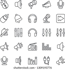 Thin Line Icon Set - flame disk vector, microphone, radio, speaker, loudspeaker, settings, equalizer, headphones, fast forward, rca, tuning, bell, mute, sound, advertising