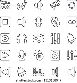 Thin Line Icon Set - flame disk vector, microphone, radio, speaker, settings, equalizer, headphones, stop button, fast forward, rewind, rec, tuning, bell, record, music, sound