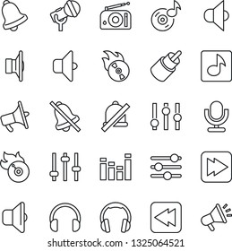 Thin Line Icon Set - flame disk vector, microphone, radio, speaker, loudspeaker, settings, equalizer, headphones, fast forward, rewind, rca, tuning, bell, mute, music, sound, advertising