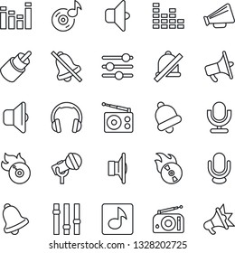 Thin Line Icon Set - flame disk vector, microphone, radio, speaker, loudspeaker, settings, equalizer, headphones, rca, tuning, bell, mute, music, sound, advertising