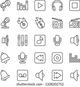 Thin Line Icon Set - flame disk vector, microphone, radio, speaker, settings, equalizer, headphones, play button, stop, fast forward, rewind, rec, bell, record, music, sound