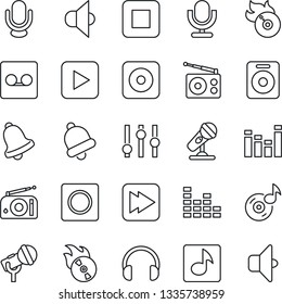 Thin Line Icon Set - flame disk vector, microphone, radio, speaker, settings, equalizer, headphones, play button, stop, fast forward, rec, bell, record, music, sound