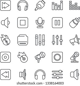 Thin Line Icon Set - flame disk vector, microphone, speaker, loudspeaker, settings, equalizer, headphones, pause button, stop, fast forward, rewind, rec, rca, hdmi, tuning, record, sound