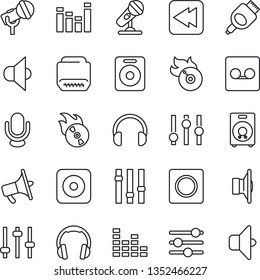 Thin Line Icon Set - flame disk vector, microphone, speaker, loudspeaker, settings, equalizer, headphones, rewind, rec button, hdmi, tuning, record, sound