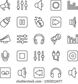 Thin Line Icon Set - flame disk vector, microphone, speaker, loudspeaker, settings, equalizer, headphones, pause button, stop, fast forward, rewind, rec, rca, tuning, record, sound