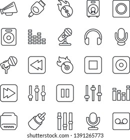 Thin Line Icon Set - flame disk vector, microphone, loudspeaker, settings, equalizer, headphones, speaker, pause button, stop, fast forward, rewind, rec, rca, hdmi, tuning, record