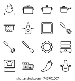 thin line icon set : flammable, pan, saute, colander, apron, cutting board, whisk, spatula, induction oven, double boiler, cooking book, food processor, hot pepper