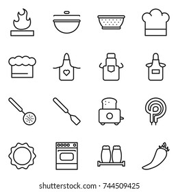 thin line icon set : flammable, cauldron, colander, cook hat, chief, apron, skimmer, spatula, toaster, elecric oven, induction, salt pepper, hot