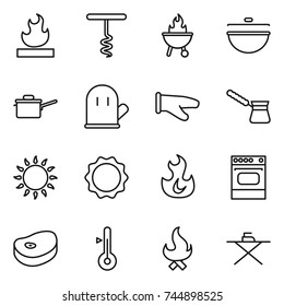 thin line icon set : flammable, corkscrew, bbq, cauldron, saute pan, cook glove, turk, gas oven, induction, fire, steake, thermometer, iron board