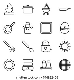 thin line icon set : flammable, pan, bbq, apron, cutting board, egg timer, skimmer, big spoon, toaster, gas oven, induction, double boiler, salt pepper, sieve