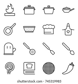 thin line icon set : flammable, pan, colander, chief hat, apron, cook glove, skimmer, spatula, big spoon, elecric oven, cooking book, sieve, hot pepper