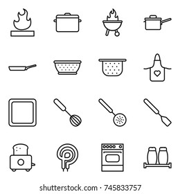 thin line icon set : flammable, pan, bbq, saute, colander, apron, cutting board, whisk, skimmer, spatula, toaster, elecric oven, salt pepper