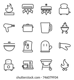 thin line icon set : flammable, air conditioning, toaster, hair dryer, pan, cup, bbq, cauldron, kettle, cook glove, coffee maker, fire