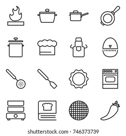 thin line icon set : flammable, pan, saute, chief hat, apron, egg timer, skimmer, spatula, induction oven, double boiler, cooking book, sieve, hot pepper