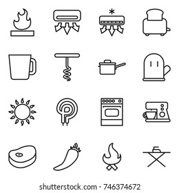 thin line icon set : flammable, air conditioning, toaster, cup, corkscrew, saute pan, cook glove, gas oven, elecric, coffee maker, steake, hot pepper, fire, iron board